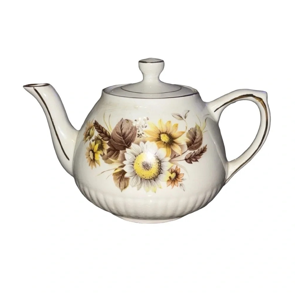 Vintage Wood & Sons Teapot Flowers Sunflower White Gold Trim 8”